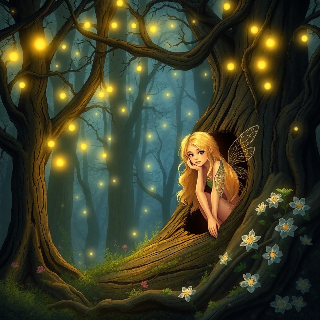 AI generated art for prompt: An alluring digital artwork depicting an idyllic fairy-tale forest at twilight, reminiscent of Arthu