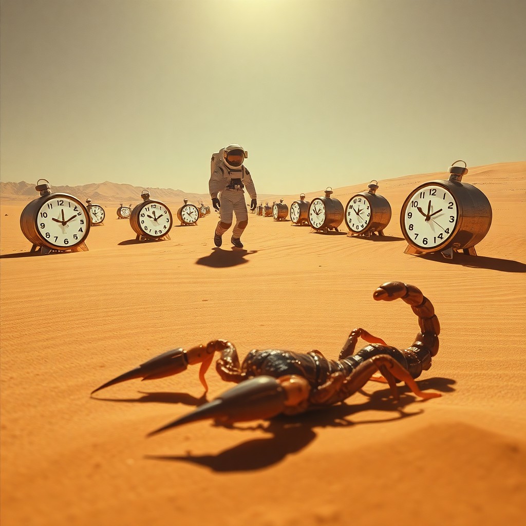 AI generated art for prompt: An astronaut traverses an expansive desert landscape adorned with peculiar timepieces that resemble 