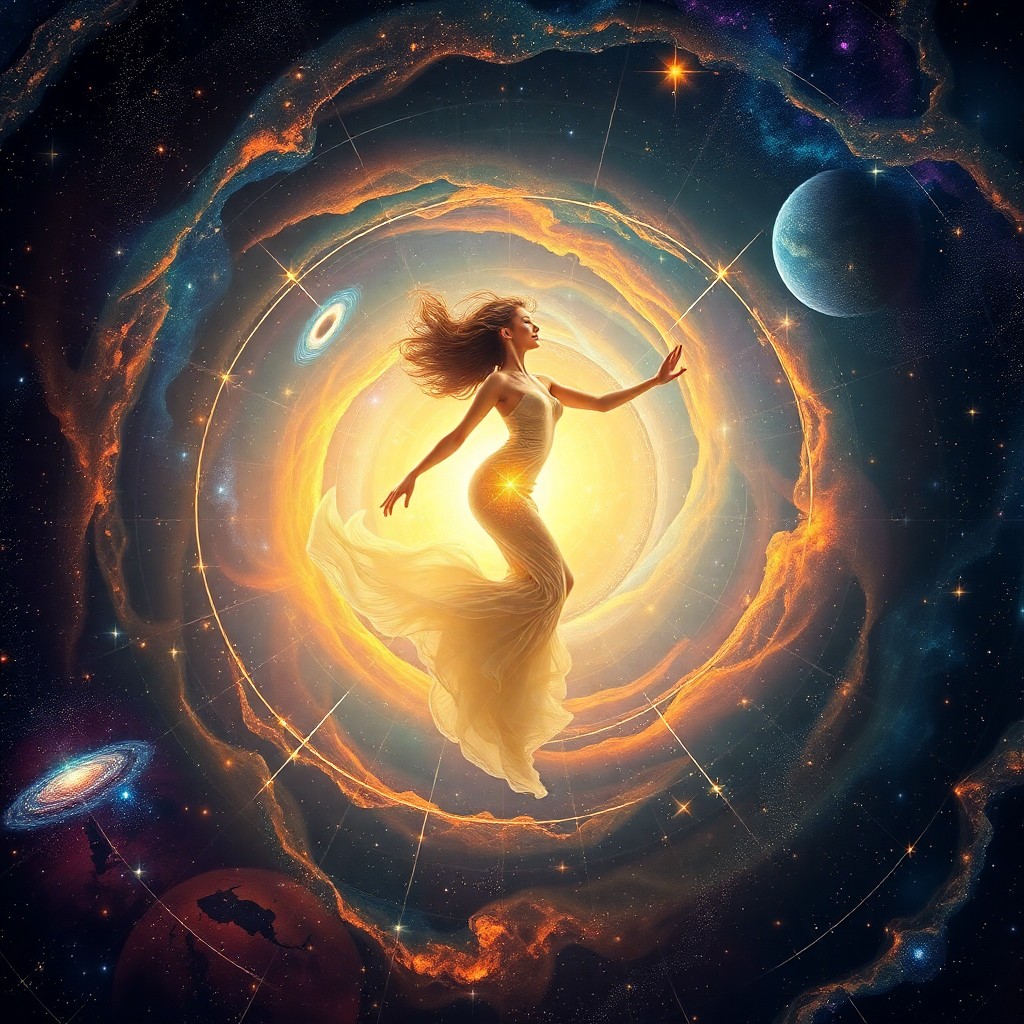 AI generated art for prompt: A celestial woman gracefully floats within an infinite cosmic spiral, her ethereal form blending sea