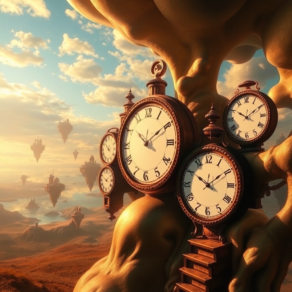 AI generated art for prompt: Craft an image in the manner of surrealist masterpieces, depicting a whimsical dreamscape where time