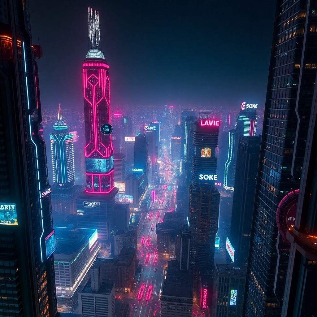 AI generated art for prompt: An awe-inspiring futuristic cityscape at night unfolds in rich detail and vibrant hues from an eleva