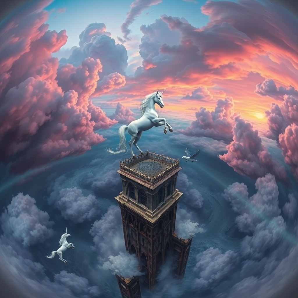 AI generated art for prompt: A surreal dreamscape featuring a majestic unicorn perched atop a floating tower amidst tumultuous sk