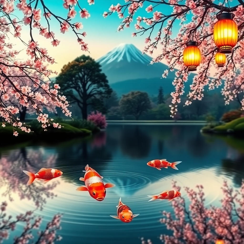 AI generated art for prompt: Imagine an idyllic Japanese garden bathed in soft morning light, reminiscent of traditional woodbloc