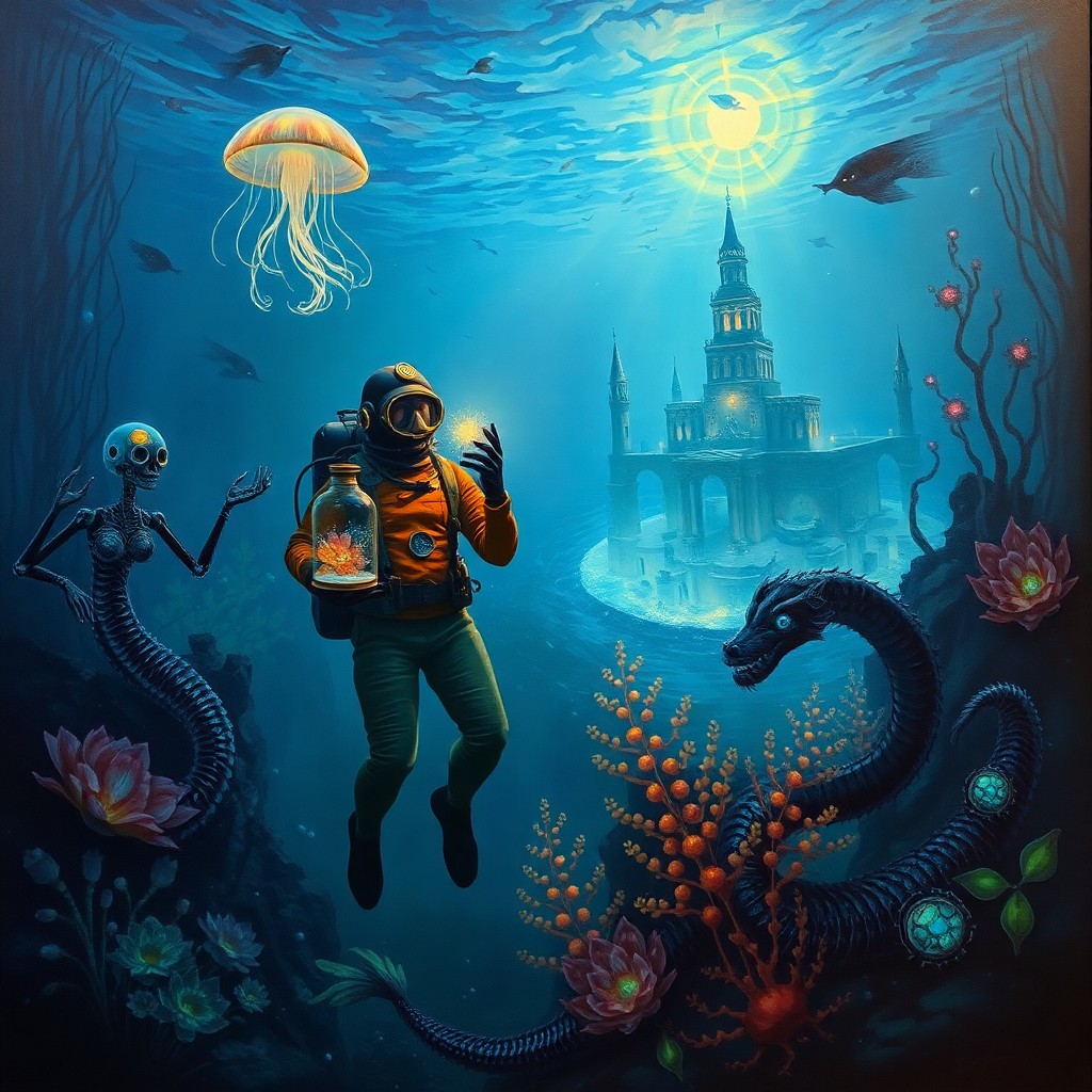 AI generated art for prompt: An oil painting portraying a surreal underwater realm lit by the mysterious glow of bioluminescent p