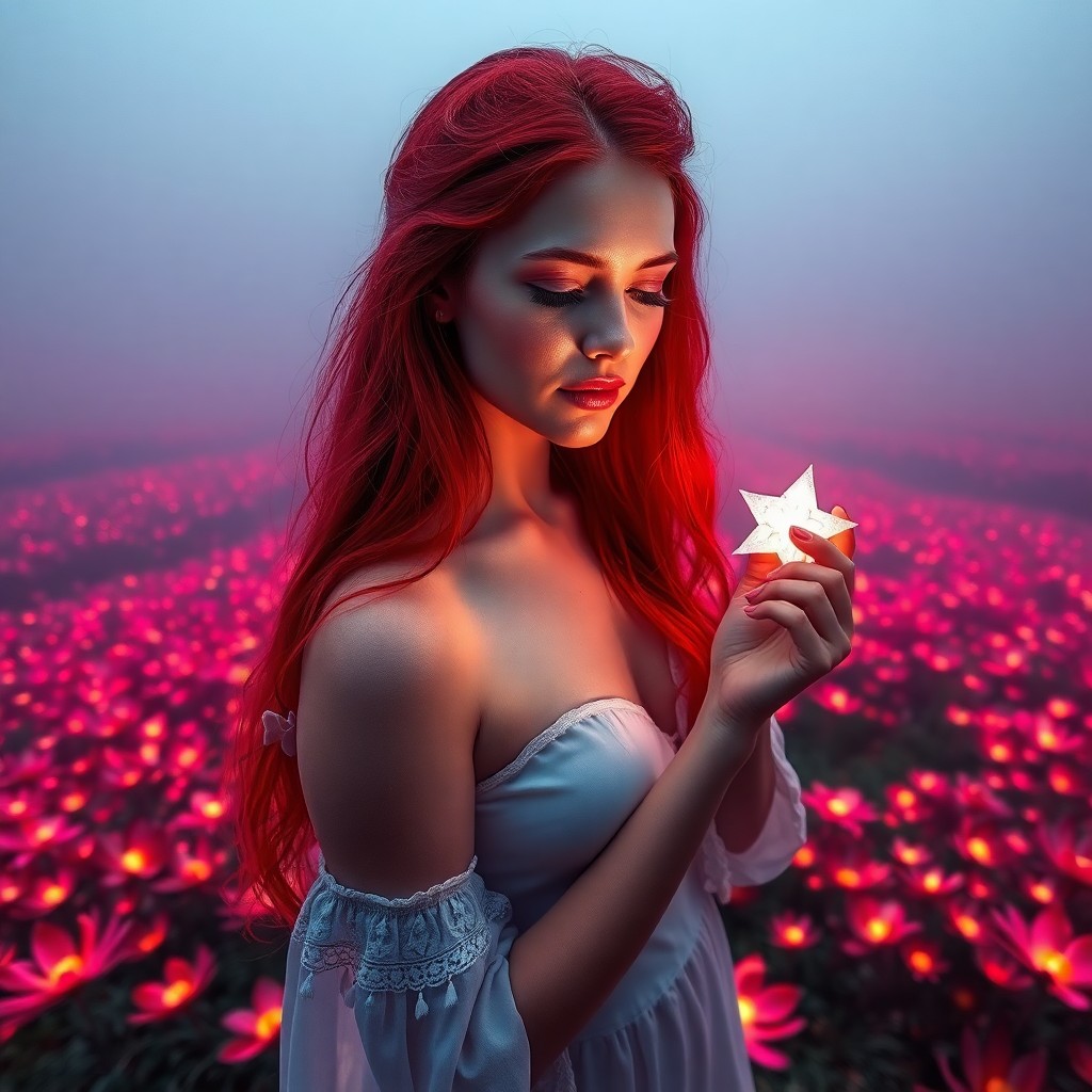 AI generated art for prompt: A young woman with vibrant red hair stands elegantly on a foggy cliff overlooking an expansive field