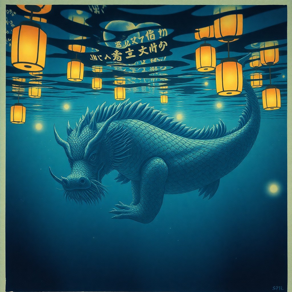 AI generated art for prompt: Create an enchanting image blending surrealism with Japanese woodblock printing techniques to depict