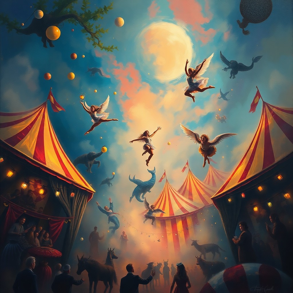 AI generated art for prompt: A whimsical aerial perspective captures an enchanting circus scene in a surreal, abstract oil painti
