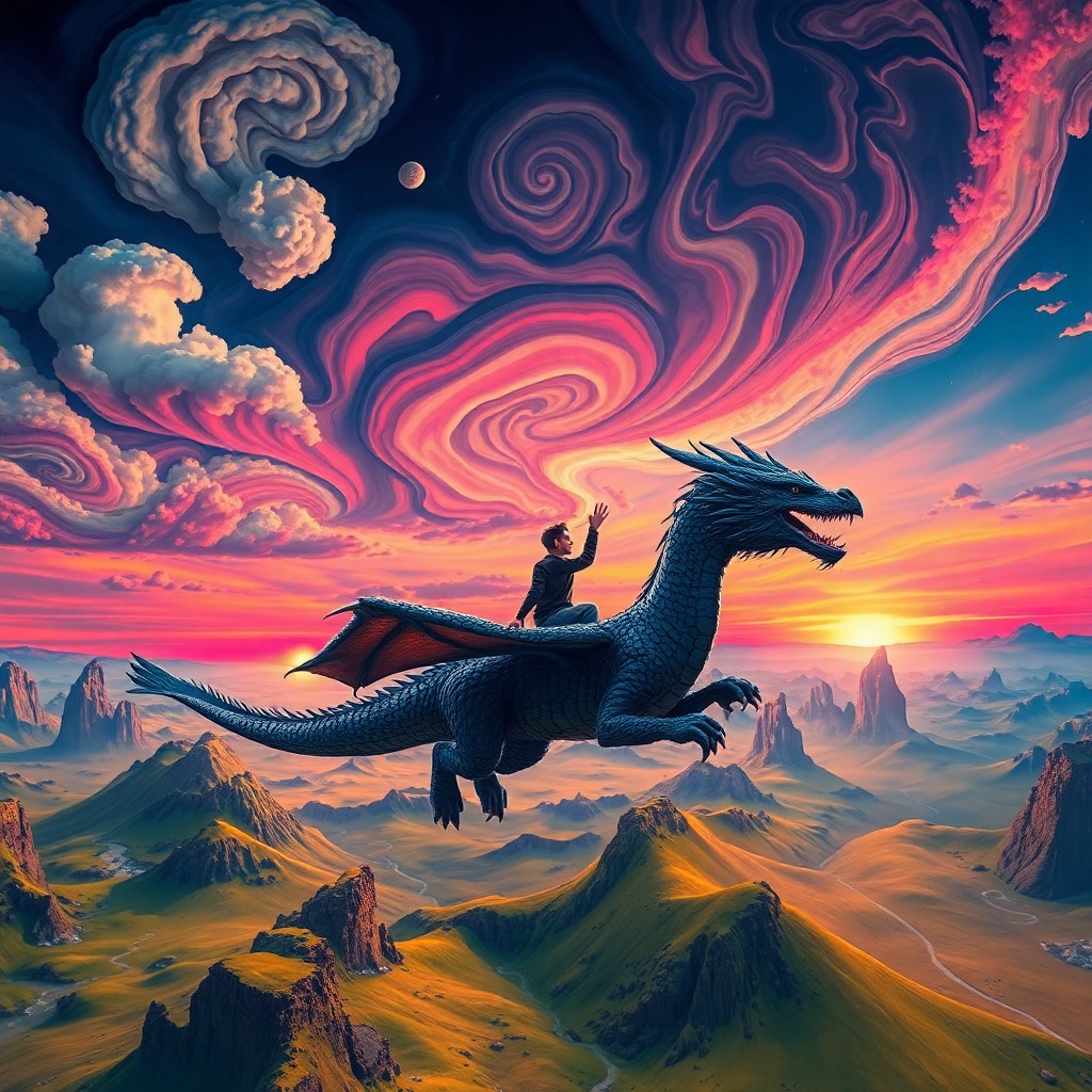 AI generated art for prompt: A majestic dragon soars through an awe-inspiring landscape reminiscent of surreal dreamscapes, where