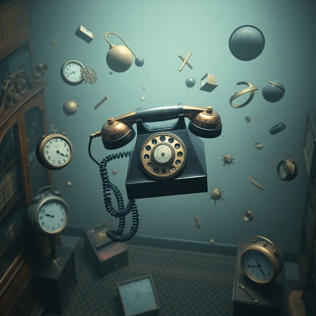 AI generated art for prompt: Imagine a surreal digital artwork featuring an antique telephone apparatus morphing into abstract ge