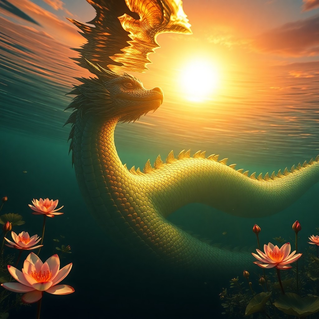 AI generated art for prompt: A majestic dragon, half-submerged in a tranquil lake, glimmers under the warm radiance of sunset. Fr