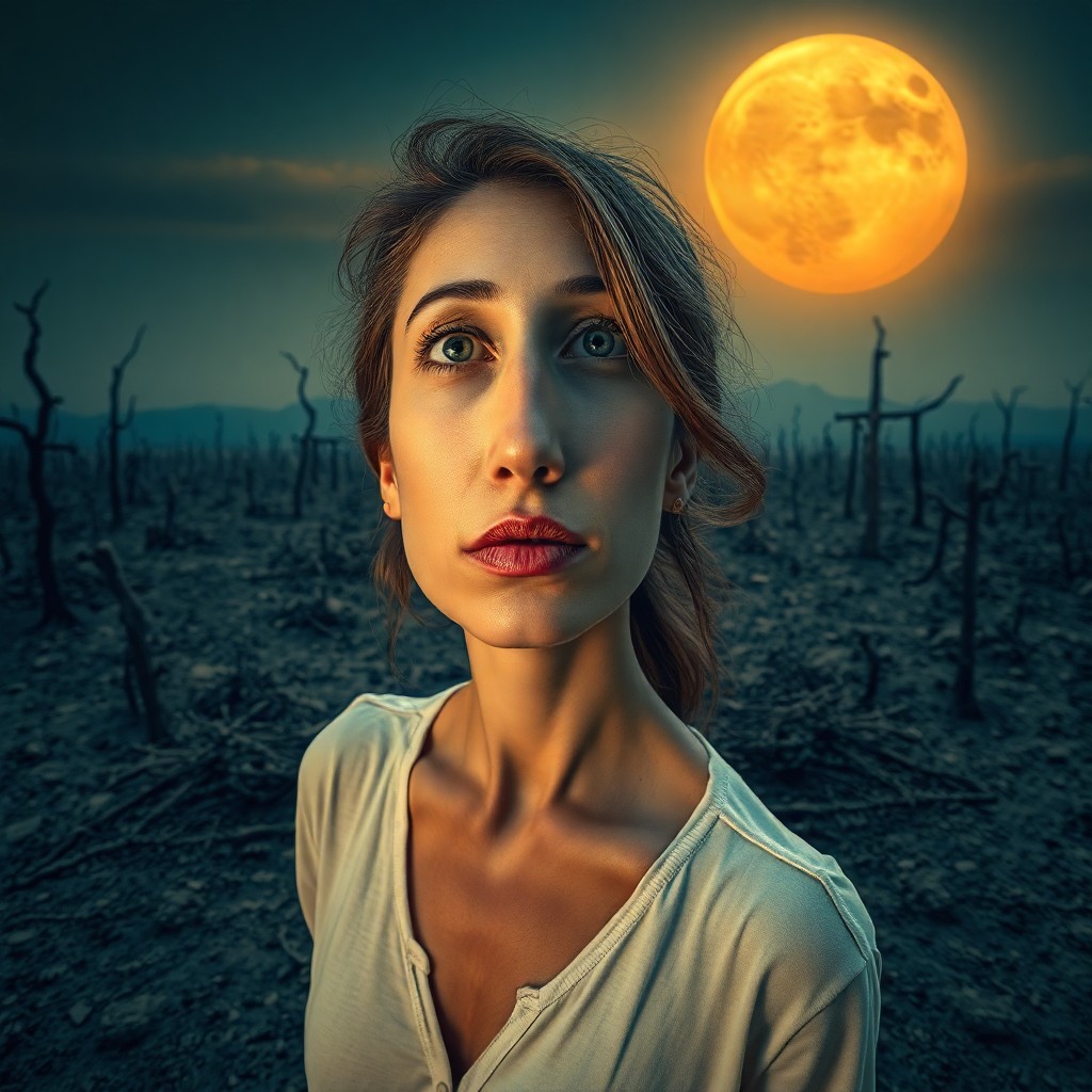 AI generated art for prompt: A surreal portrait depicting a woman with her face distorted as if reflected in a funhouse mirror, s