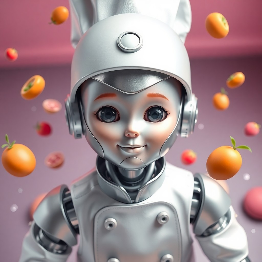 AI generated art for prompt: A captivating digital art portrait captures a delightful robotic chef with a sleek silver form and a