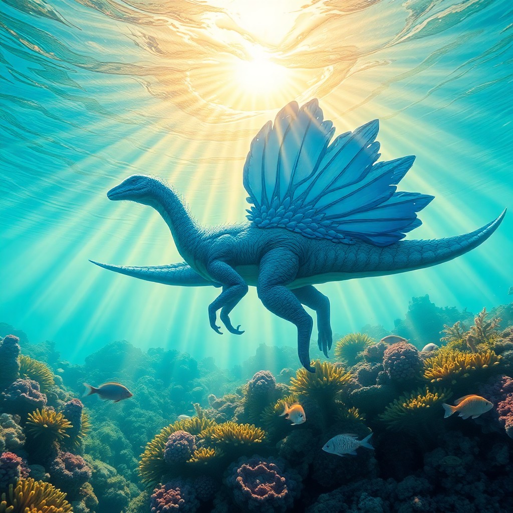 AI generated art for prompt: Picture an enchanting underwater realm reminiscent of James Gurney's "Dinotopia," where a majestic f