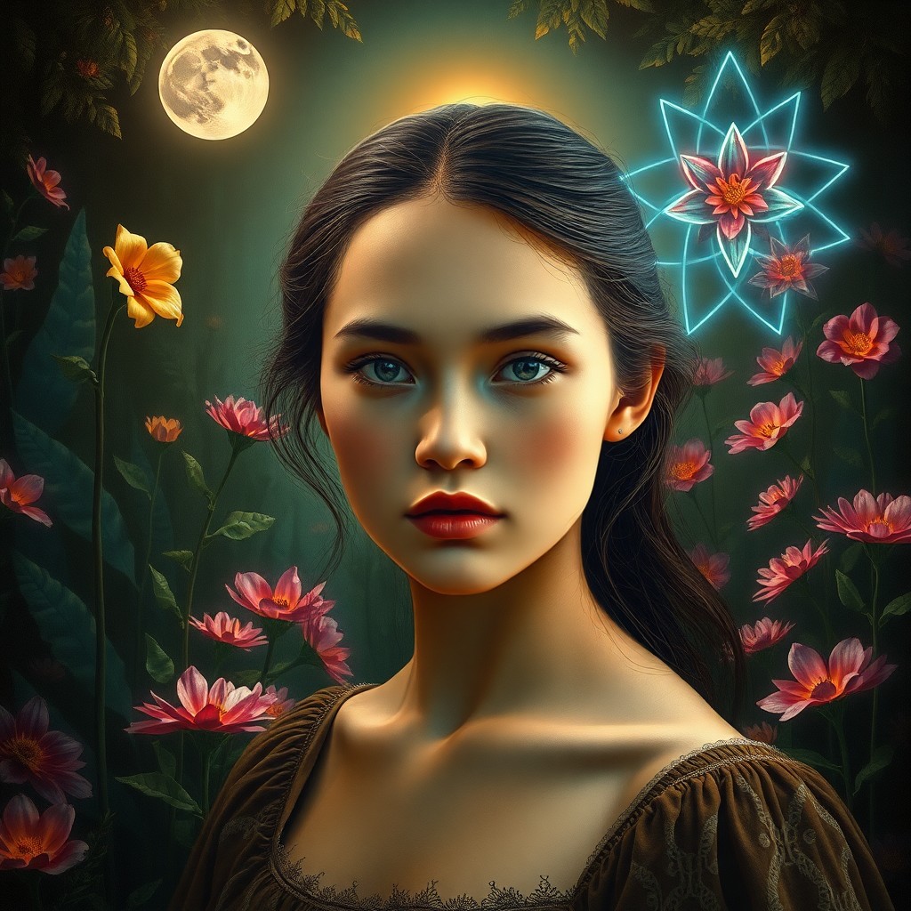 AI generated art for prompt: Envision an enchanting portrait that marries Renaissance artistry with modern digital surrealism. Th