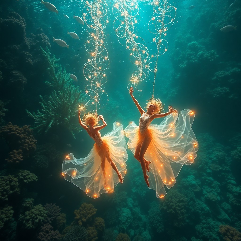 AI generated art for prompt: A mesmerizing digital art composition presents an enchanting underwater ballet performance featuring