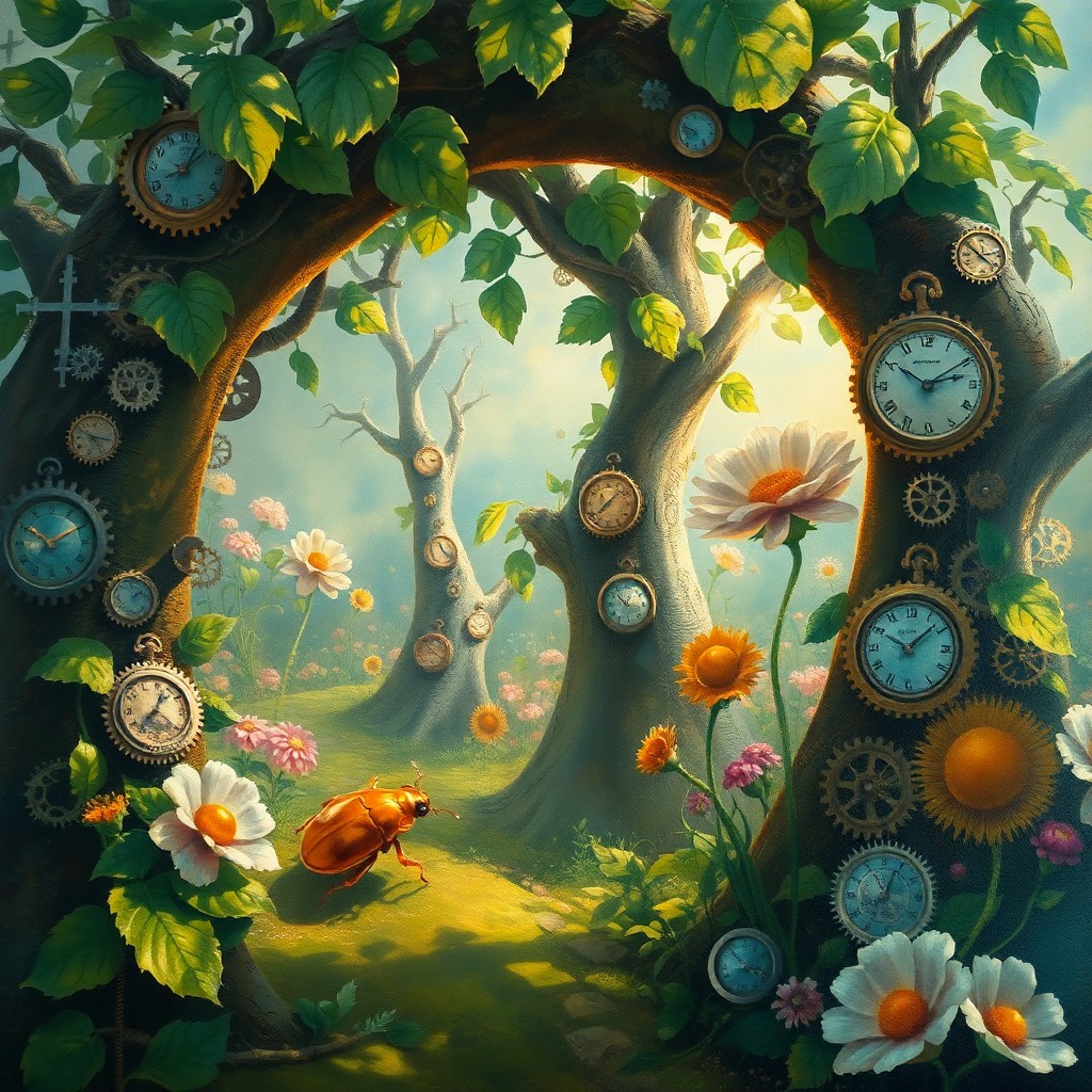 AI generated art for prompt: Imagine an enchanting oil painting that captures a surreal garden where clockwork flowers bloom with