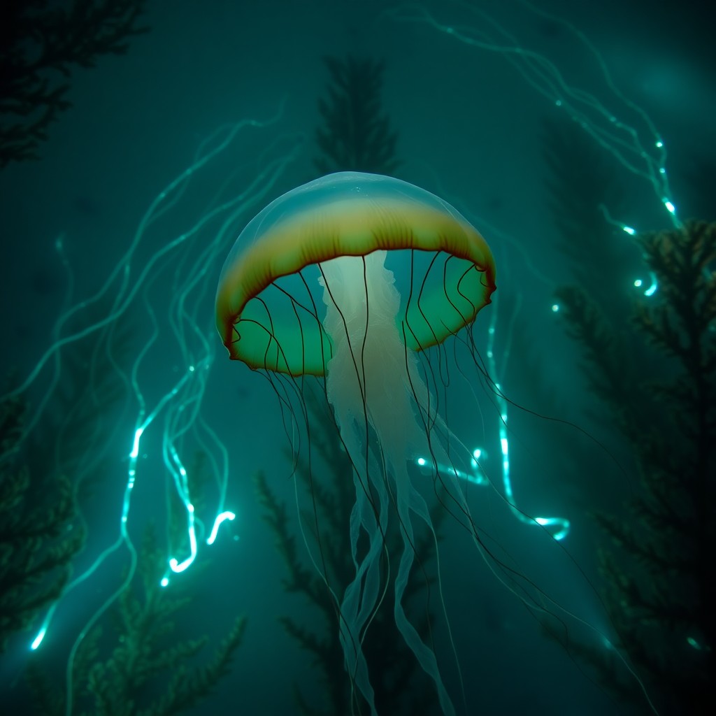 AI generated art for prompt: A serene underwater scene unfolds with an ethereal jellyfish gracefully floating through kelp forest