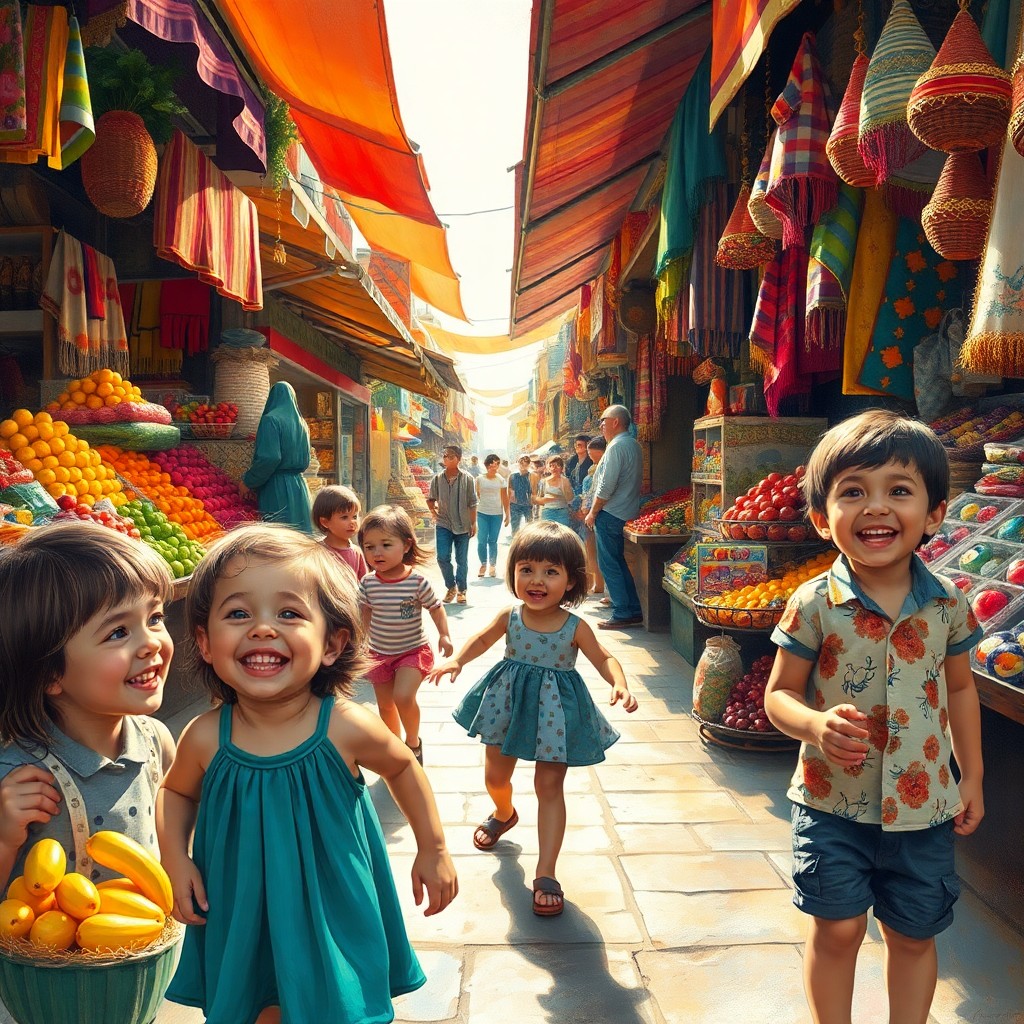 AI generated art for prompt: Imagine a lively, bustling marketplace in Istanbul, Turkey, as observed from a child's point of view