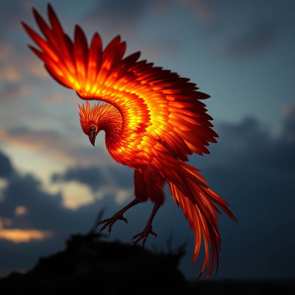 AI generated art for prompt: Imagine a captivating scene of a legendary phoenix in its last moments before renewal, reminiscent o