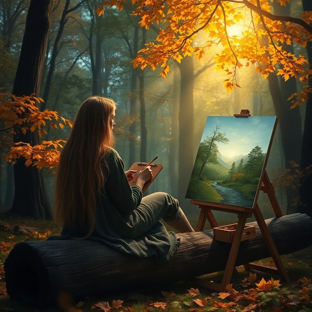 AI generated art for prompt: Picture an enchanting autumn evening in a mystical forest, where gentle light filters through the go