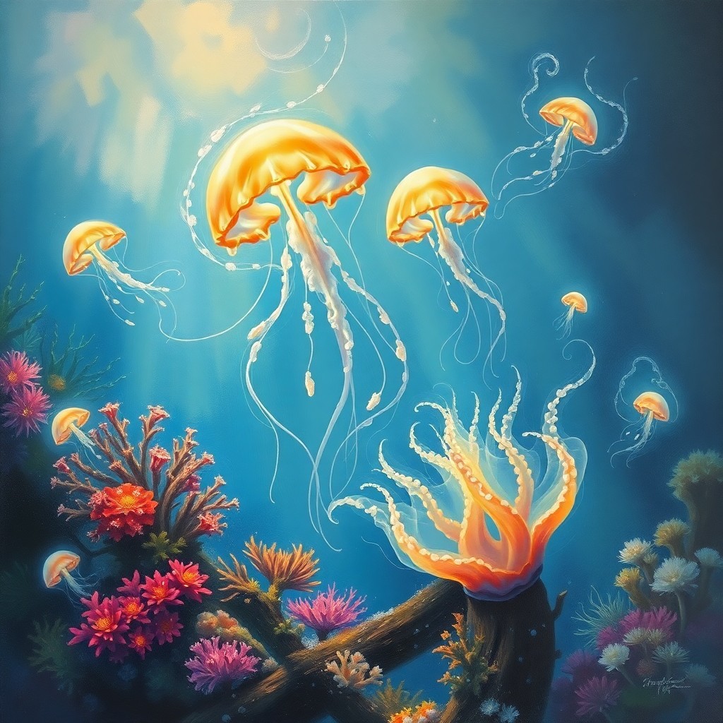 AI generated art for prompt: An enchanting oil painting captures a whimsical underwater ballet, with graceful jellyfish resemblin