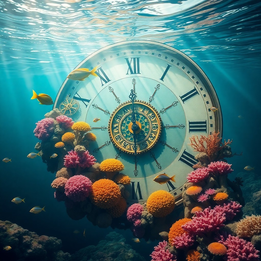 AI generated art for prompt: Craft an image depicting a surreal underwater world where a colossal clock face drifts amidst the oc