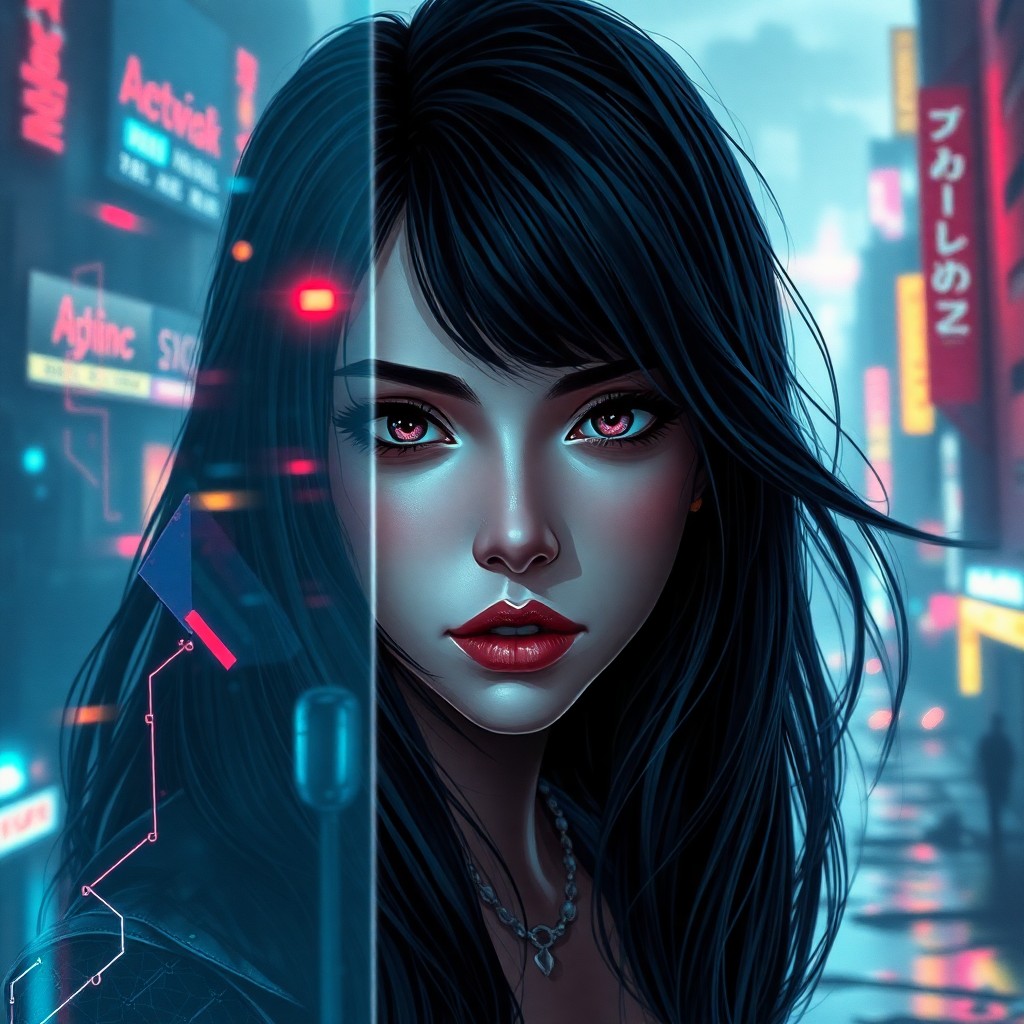 AI generated art for prompt: A striking digital art portrait captures an intriguing female cyberpunk character with her chrome fa