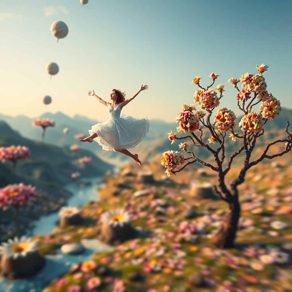 AI generated art for prompt: An image depicting a dancer in mid-flight traverses a whimsical landscape filled with levitating flo