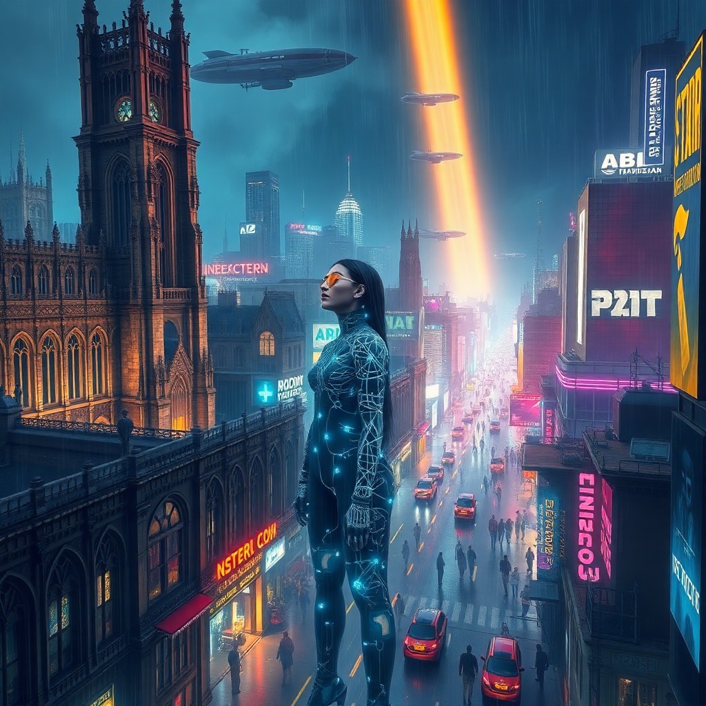 AI generated art for prompt: A vivid digital artwork portraying an electrifying cyberpunk cityscape at night, seamlessly merging 