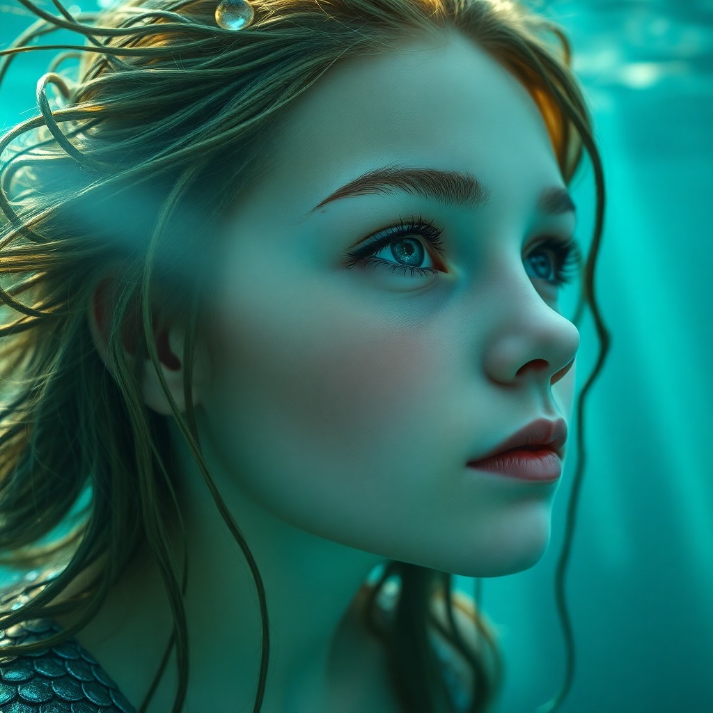 AI generated art for prompt: A mesmerizing close-up portrait of a young mermaid with gleaming scales in radiant hues of blue and 