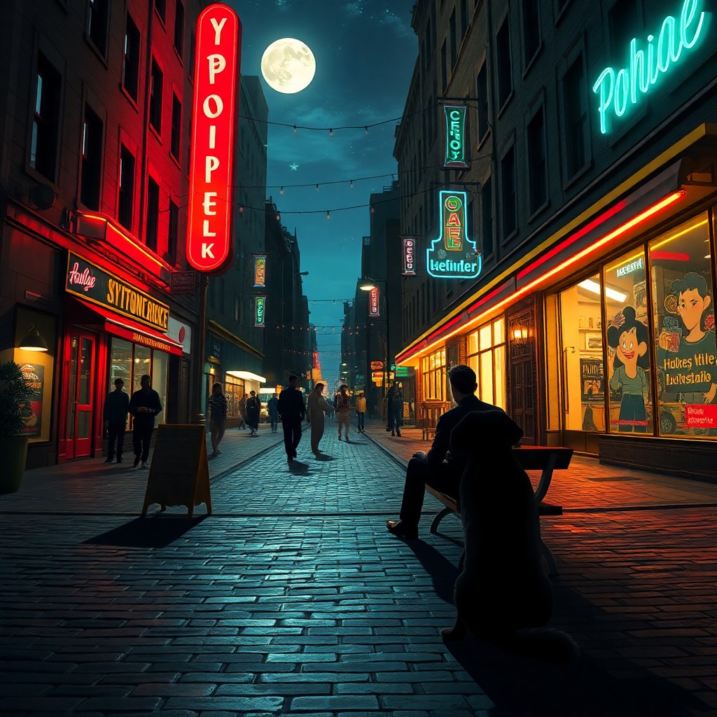 AI generated art for prompt: Create an image in the enigmatic style of Hopper-esque nocturnal scenes, depicting a lively city str