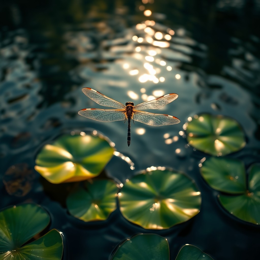 AI generated art for prompt: A delicate dragonfly with shimmering wings dances above a tranquil river in an artistic style evocat