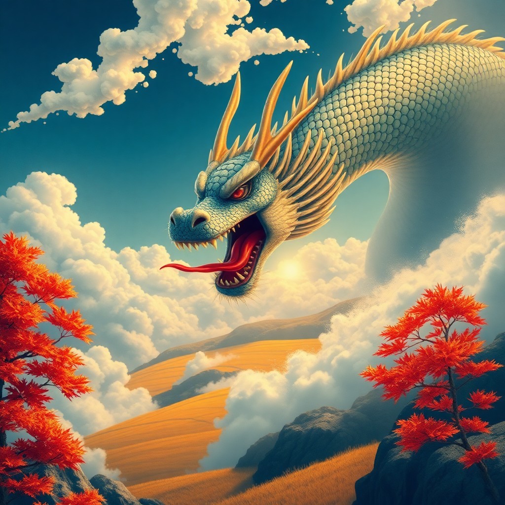 AI generated art for prompt: Craft an image reminiscent of Hokusai's "The Great Wave off Kanagawa," portraying a majestic dragon 