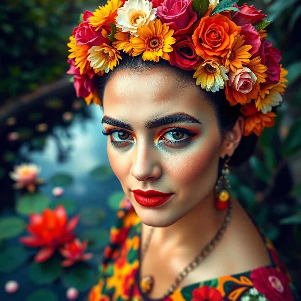 AI generated art for prompt: Craft an image showcasing a woman's close-up portrait in a vibrant, Kahlo-inspired style, capturing 