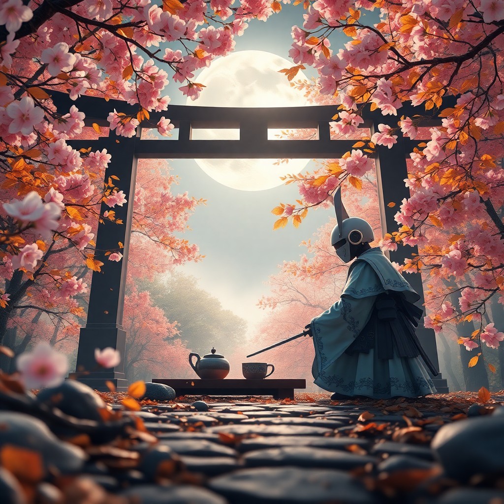 AI generated art for prompt: Visualize an autumn morning in a serene Japanese garden, where cherry blossoms dance gracefully amon