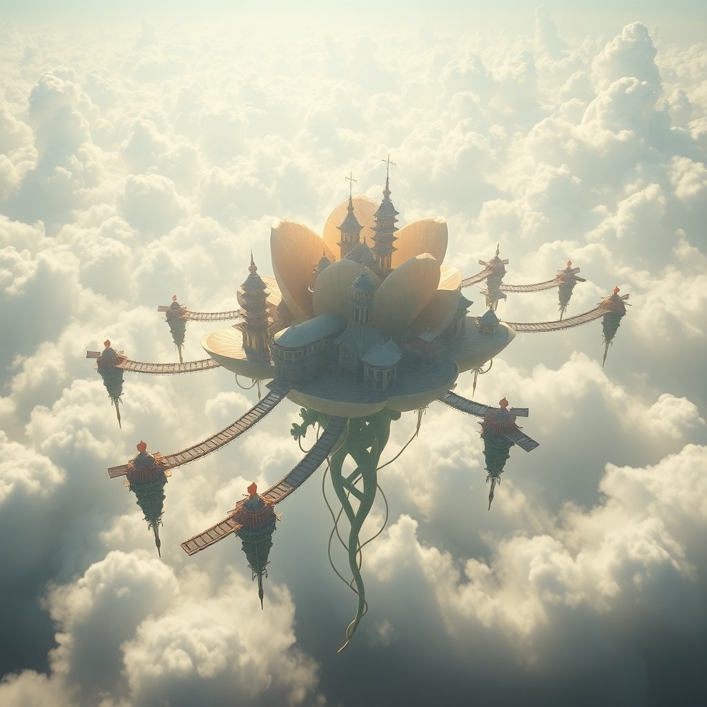 AI generated art for prompt: Create an image depicting a dreamlike floating city suspended amidst the clouds, viewed from a soari