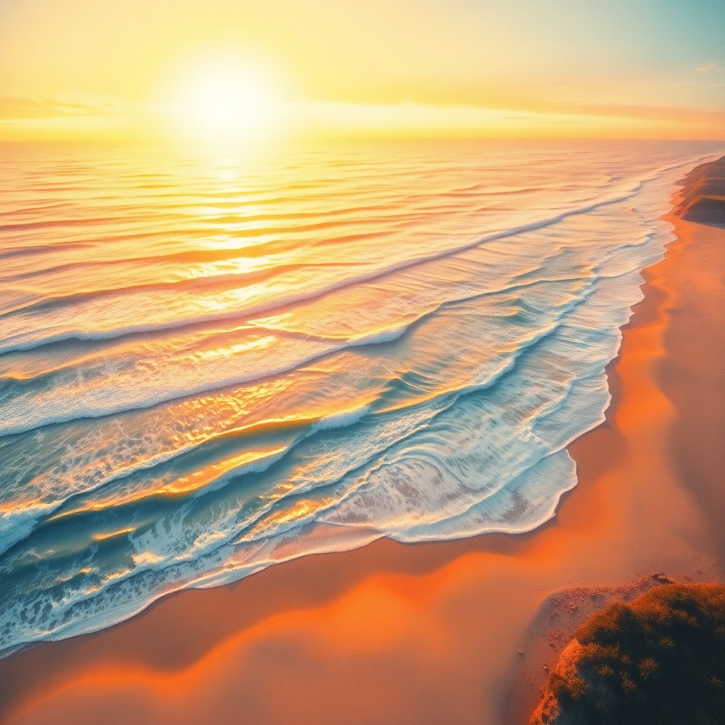 AI generated art for prompt: Imagine an idyllic coastal vista bathed in the warm glow of golden hour light, rendered in the fluid