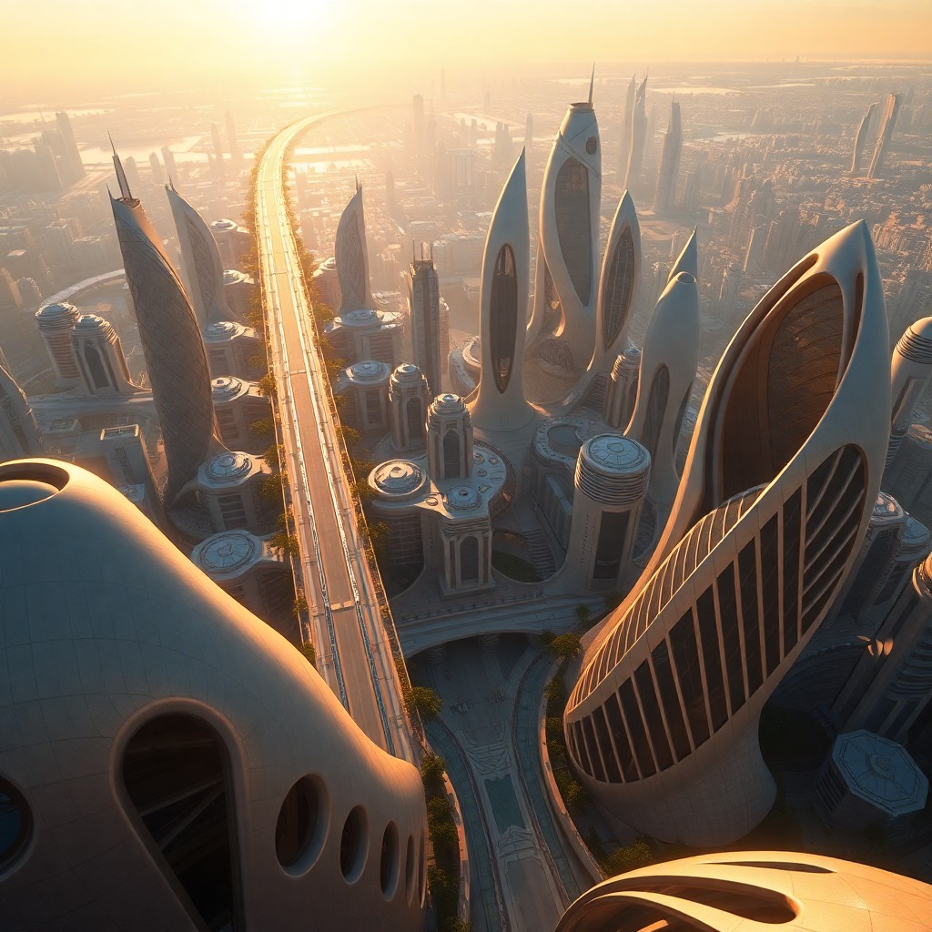 AI generated art for prompt: A digital art depiction of a futuristic cityscape at dawn, bathed in the soft glow of early morning 