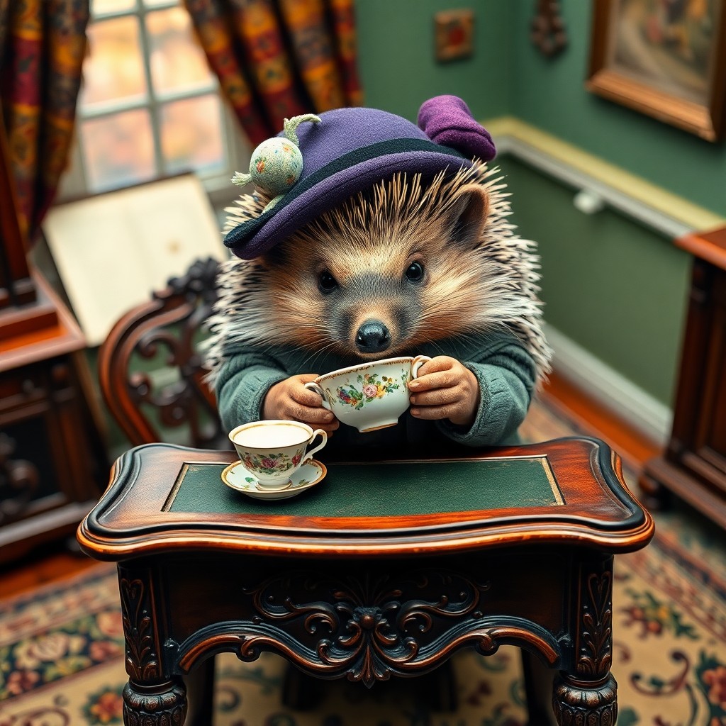 AI generated art for prompt: A whimsical scene comes to life as we view an eccentric talking hedgehog adorned in Victorian-era at