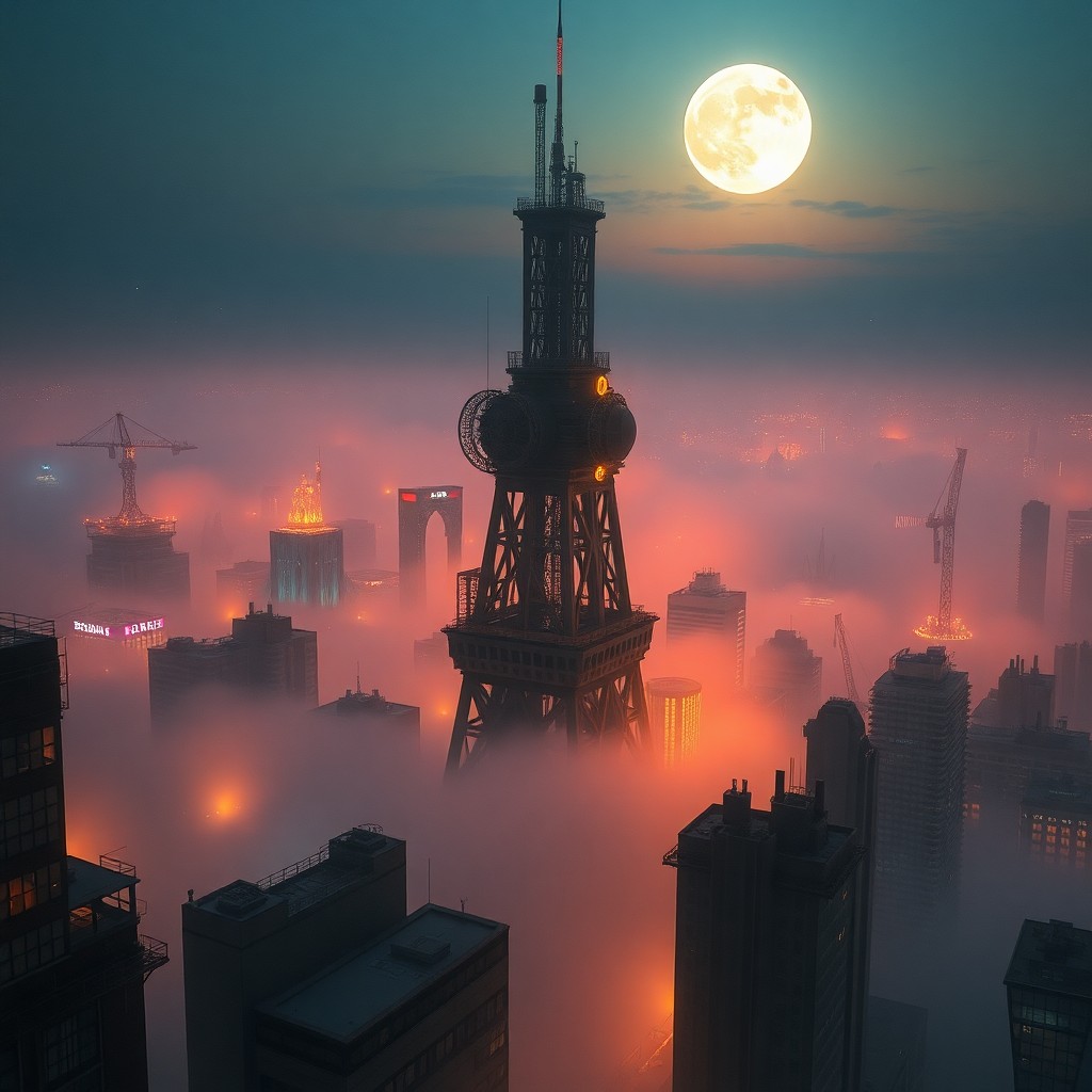 AI generated art for prompt: Visualize a surreal digital cityscape at twilight, where the boundary between dystopian future and n