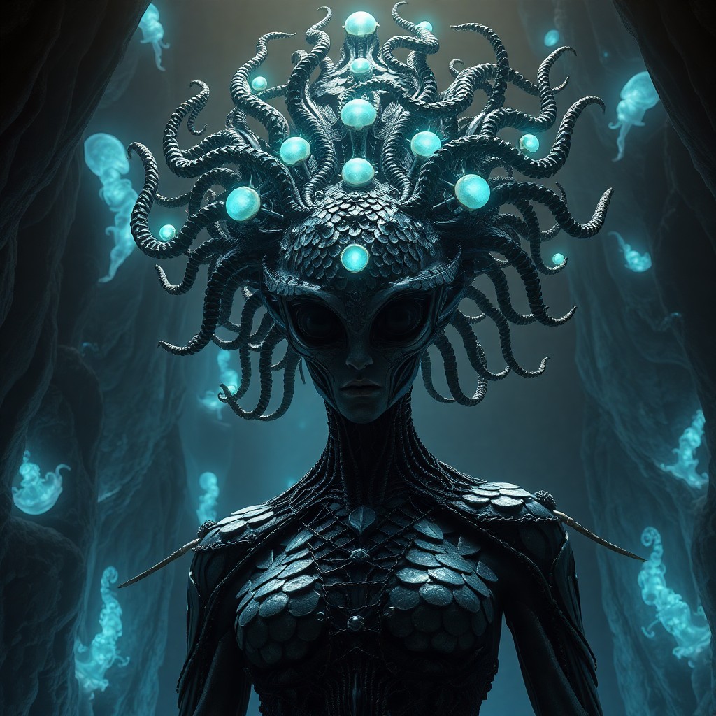 AI generated art for prompt: In the realm of biomechanical artistry, envision an enigmatic alien queen with a visage forged from 