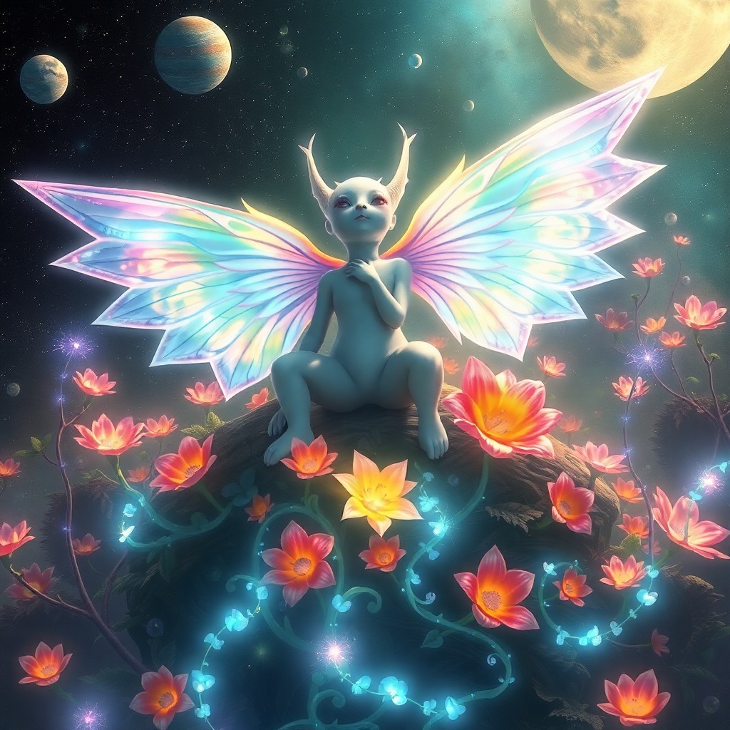 AI generated art for prompt: An ethereal celestial being with iridescent wings spread wide in a cosmic garden is depicted in this