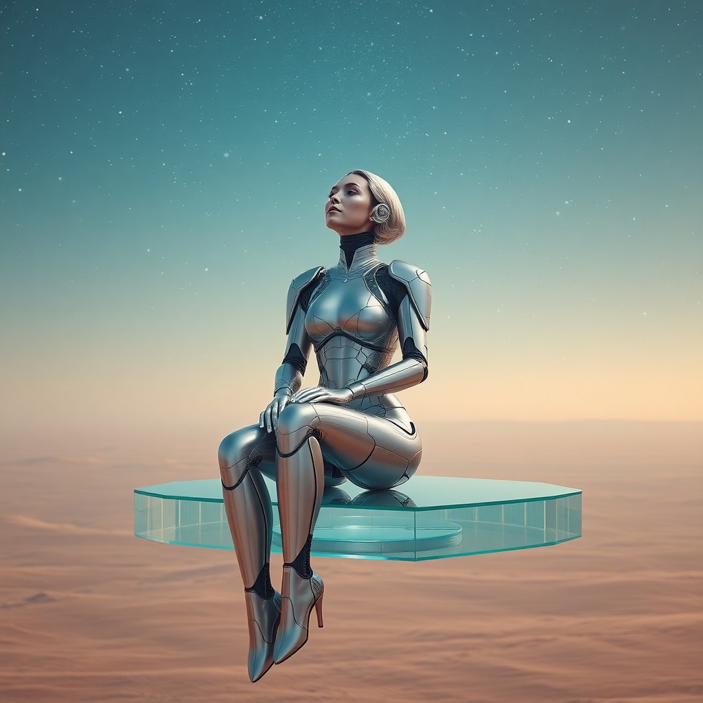 AI generated art for prompt: Craft an image embodying surrealistic aesthetics with a serene female cyborg seated on a levitating 