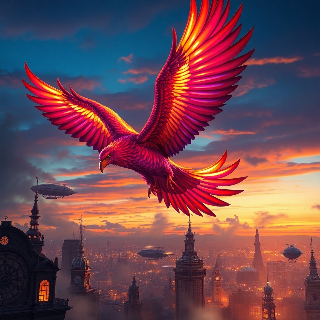 AI generated art for prompt: An awe-inspiring digital art piece portraying a grand phoenix in flight over an energetic steampunk 