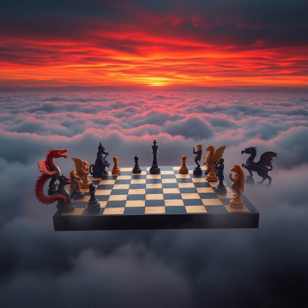 AI generated art for prompt: Imagine a surreal chess match set against an expansive misty valley under a dramatic blood-orange tw