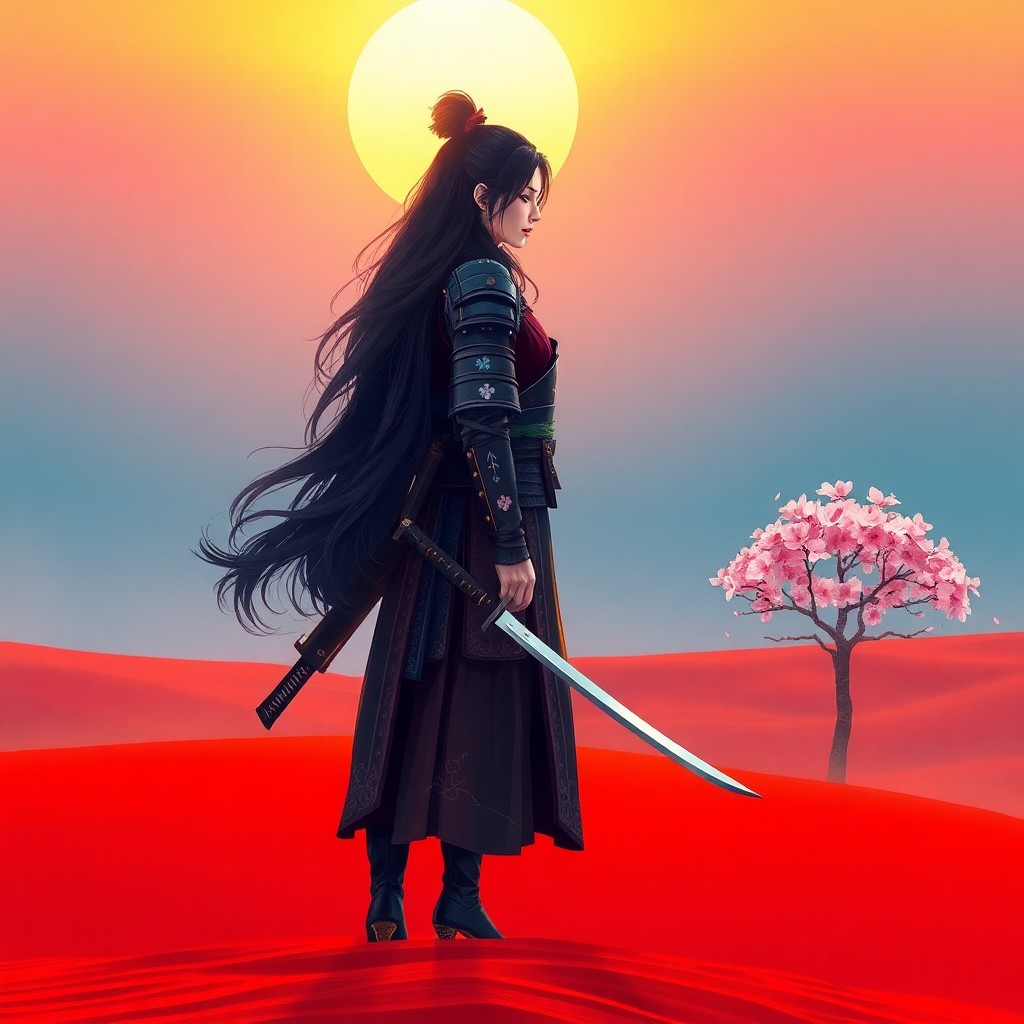 AI generated art for prompt: A tranquil landscape bathed in the warm light of golden hour showcases a solitary female samurai wit