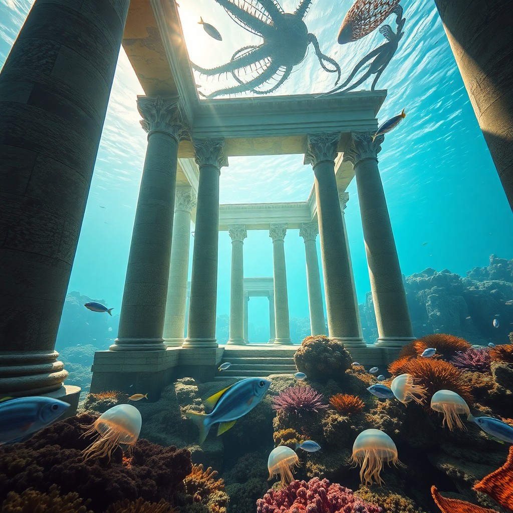 AI generated art for prompt: A surreal underwater scene where an ancient temple with colossal marble columns stands amidst a vibr