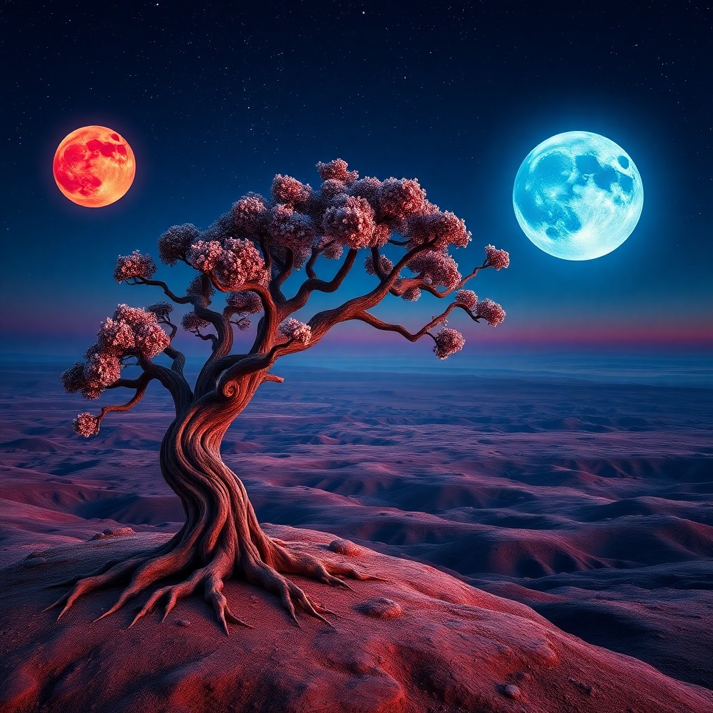 AI generated art for prompt: A breathtaking panorama unveils an otherworldly lunar vista under the soft twilight glow of two moon