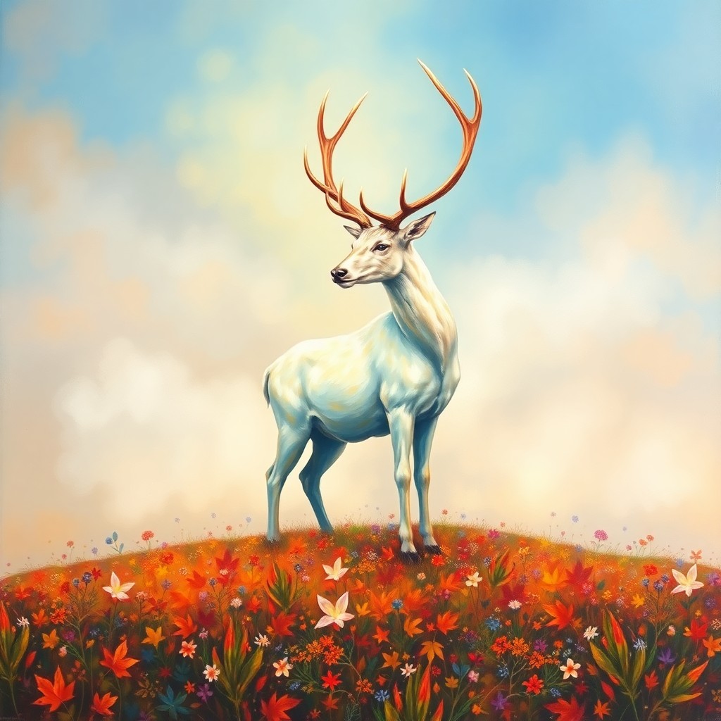 AI generated art for prompt: A mesmerizing oil painting depicts an awe-inspiring white stag standing regally on a fog-enveloped h