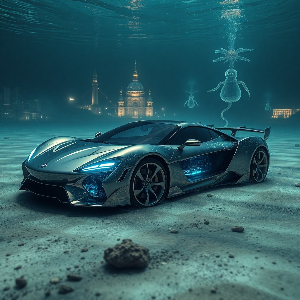 AI generated art for prompt: A dreamlike underwater scene showcases a futuristic sports car partially disintegrating as its metal